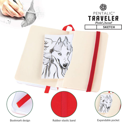 Pentalic 3 x 4 Pocket Sketchbook Traveler Journal, 160 Pages, Red Color