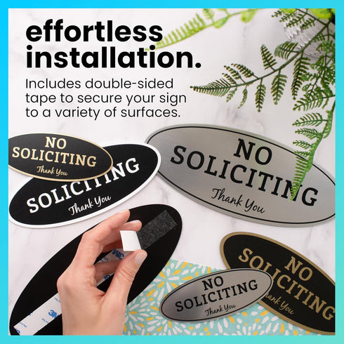 ExcelMark No Soliciting Sign for House or Business, Durable Indoor/Outdoor Sign, Large - 3.6" x 9", Black with Gold