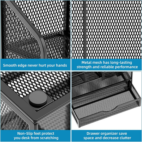 Marbrasse Mesh Pen Holder for Desk, Multi-Functional Organizer with Drawer for Office Art Supplies