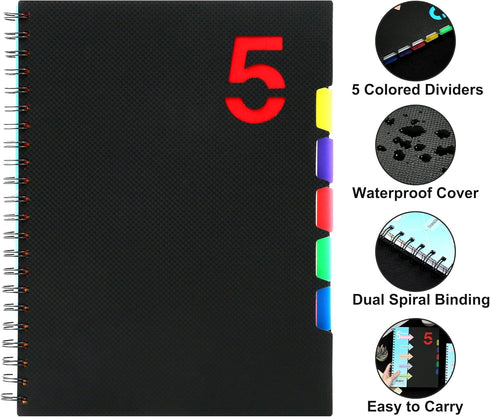 CAGIE 5 Subject Notebook with Dividers, 8.5 x 11, Hardcover A4 Spiral Bound Journal for School, 220 Pages, Black