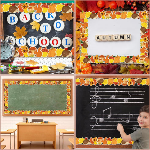 Whaline 66FT Fall Bulletin Board Trim Autumn Leaves Pumpkin Squirrel Hedgehog Sunflower Mushroom Decor for Classroom