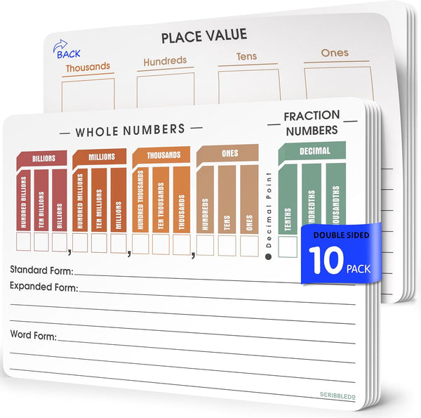 SCRIBBLEDO Place Value Chart Math Practice 9”x12” Small White Board Dry Erase Sheets for Homeschool Teacher Students
