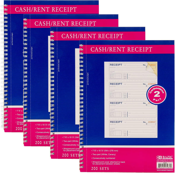 BAZIC PRODUCTS Cash Money or Rent Spiral Bound Receipt Book, 200 Sets 7 5/8"