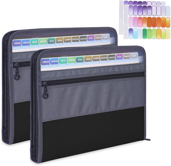 MEGREZ Expanding File Folder with 13 Pockets, 2 Pack A4 Paper Organizer with Zipper, Black