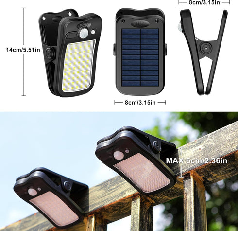 60 3 (2 Pack) Tryme Clip on Solar Lights Outdoor Motion Sensor Lights LEDs, Modes, Dual Charging, Portable Waterproof