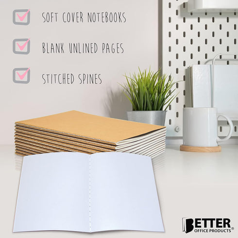 Better Office Products Kraft Notebooks, 24 Pack, Blank Unlined, 8.3 in x 5.5 in, 60 White Pages, Soft Cover