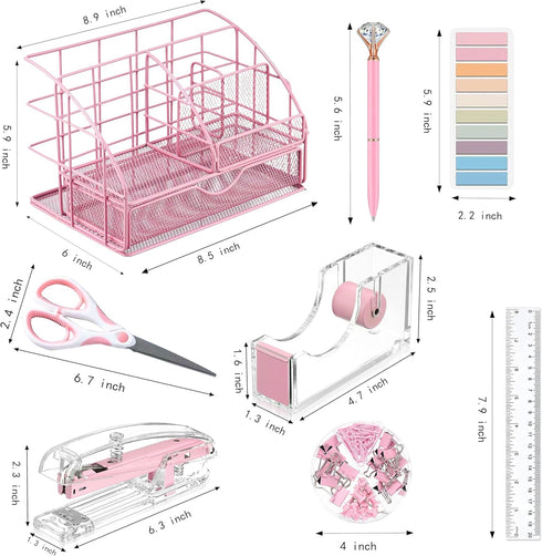 Pink Desk Organizers and Accessories, Pink Office Supplies with Mesh Desk Organizer, Acrylic Tape Dispenser, and
