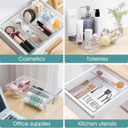 WOWBOX 25 PCS Clear Plastic Drawer Organizer Set, 4 Sizes Desk Drawer Divider Organizers and Storage Bins for Makeup,