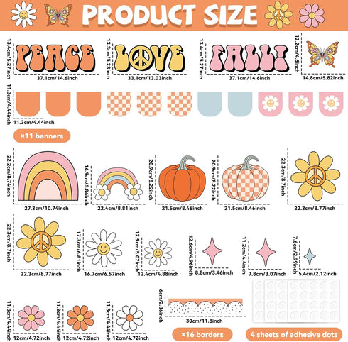 Groovy Fall Pumpkin Bulletin Board Set, Autumn Thanksgiving Decorations, Peace Love Paper Cutouts for Classroom Decor