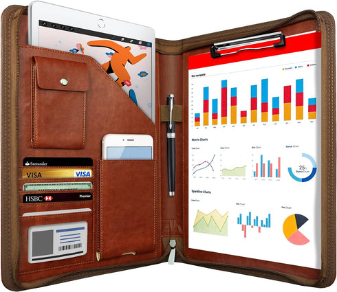 WRIYES Zip Padfolio Organizer, Leather Planner Binder, 10.2 Inch Portfolio Folder for Documents, Letter Size Business