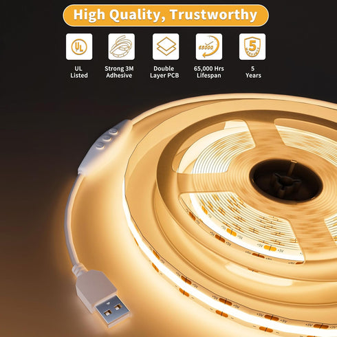 5V Remote,6.56ft Dimmable 3000K PAUTIX USB COB LED Strip Lights UL-Listed Dotless LED Lights with RF Warm White TV