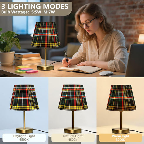 Dimmable ALAZA Table Lamp for Bedroom Nightstand Multicolor Buffalo Plaid Checkered Bedside Lamp with USB Port Fabric