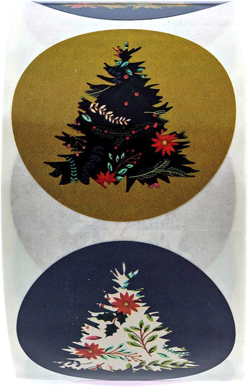 Patterned Holiday Trees Christmas Stickers - 500 Christmas Labels with 8 Alternating Floral Holiday Tree Designs (1.5"