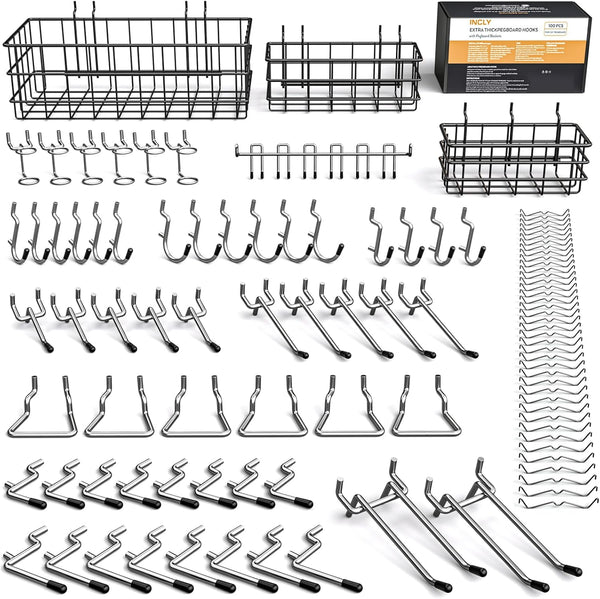 INCLY 1/4" Extra Thick Pegboard Accessories Kit, 100PCS Heavy Duty Metal Hooks & Baskets for Garage Organizer