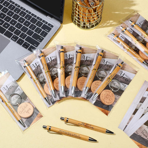 Dispowreath 50 Sets Thank You Gifts Bulk Bamboo Pens Employee Appreciation Gifts Wooden Keychain Thank You Cards