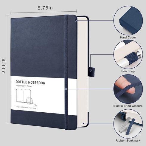 RETTACY Bullet Dotted Journal - A5 Dotted Grid Journal Notebook with 256 Pages, 120 GSM Acid-Free Paper, Bullet Journaling, Sketching, Leather Hardcover, Inner Pocket, 5.7'' × 8.3'' (Navy Blue) by RETTACY