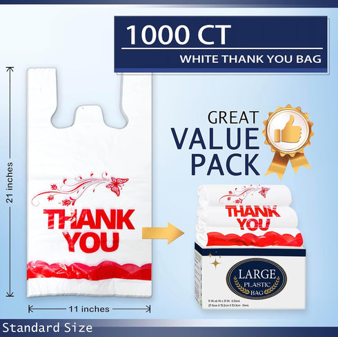 1000PCS 11"x6"x21" YoYoRain White Thank You T-Shirt Bags Reusable & Disposable Grocery and Supermarket Shopping Bags