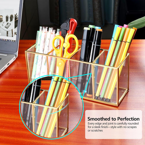 Pencil Holder for Desk, Tempered Glass Pen Holder, 3&4 Compartments Desktop Storage Organizer for Office Supplies
