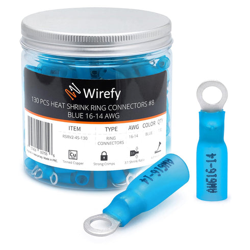 Wirefy 130 PCS Heat Shrink Ring Terminals #8 - Resistant Ring Connectors, Eyelet Wire Connectors for Blue 16-14 AWG