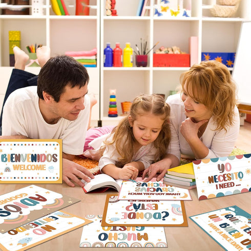 gisgfim 16 Pcs Spanish Words and Phrases Poster Set, Bulletin Board Study Spanish Classroom Decoration