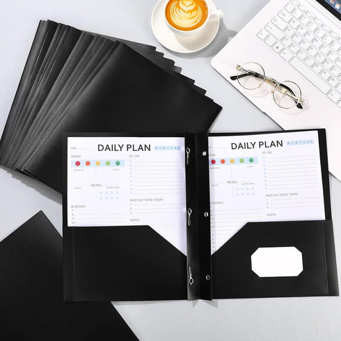 Cholemy 36 Pcs Plastic Pocket Folders, Heavy Duty with 2 Pockets and 3 Prongs, Letter Size Bulk File Folders (Black)