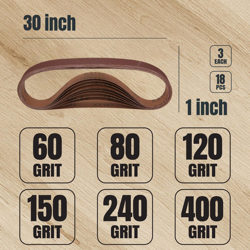 POWERTEC 1x30 Sanding Belts - 18PK with 3 Each of 60/80/120/150/240/400 Grits for Belt Grinder and Woodworking