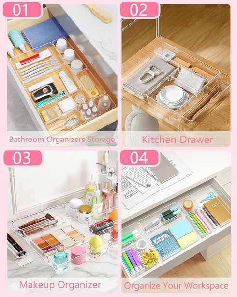 Asnews Set 13, 5-Size Makeup Drawer Organizers of Vanity Organizer Trays, Stackable Bathroom & Desk Drawer Organizer