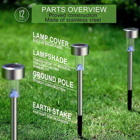12 Pack Dream Master Solar Lights Outdoor Waterproof, Stainless Steel LED Landscape Lighting, Solar Garden Lights