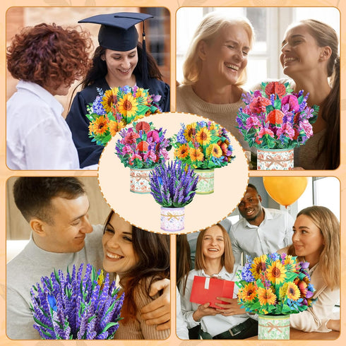 Ethanberg 3 Pack 3D 3D Paper Flower Pop Up Cards, Carnation Sunflower Lavender Flower Bouquet Greeting Cards, Flowers