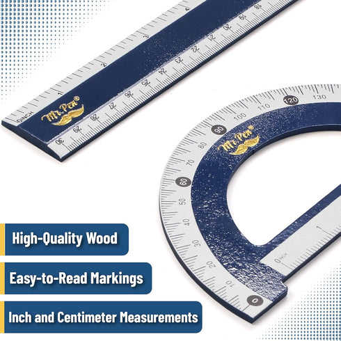 Set, 4 Pack, 8" 30/60 Set 5.5" 45/90 Set 6" 12" Mr. Pen- Wooden Geometry Square, Square, Protractor & Ruler