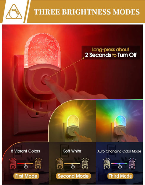 2 Pack, Night Lights Plug Into Wall, Color Changing Night Light for Kids, RGB Night Lights Plug into Wall Soft White