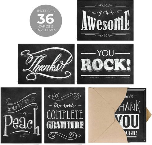 Retro Chalkboard Thank You Card Pack, 36 Greeting Cards with Brown Kraft Envelopes, Vintage Designs