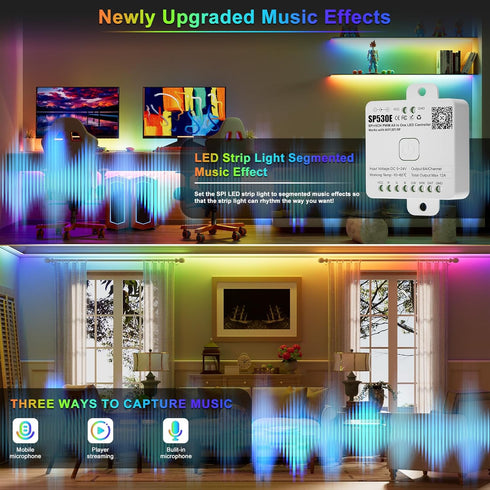 WiFi+Bluetooth Music LED Smart Controller SP530E, 12-in-1 PWM+SPI for LED Strip Light, APP Control
