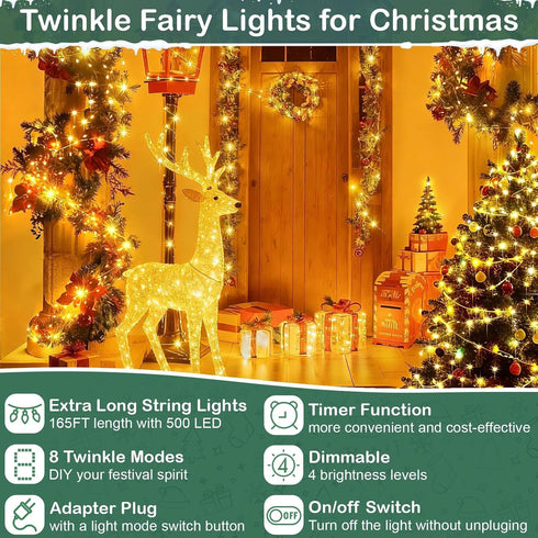 165Ft 500 Dimmable 8 Ultra Long LEDs String Lights Plug in, with Switch/Timer, Waterproof Copper String Lights