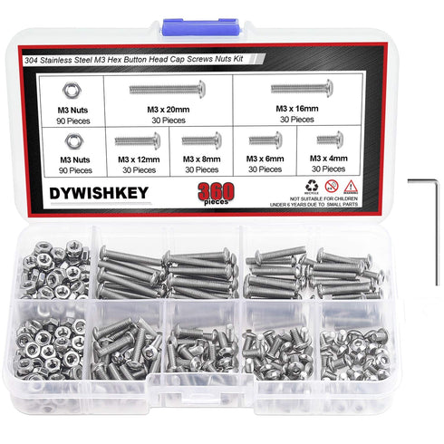 DYWISHKEY 360 Pieces M3 Stainless Steel 304 Hex Button Head Cap Bolts Screws and Nuts Kit