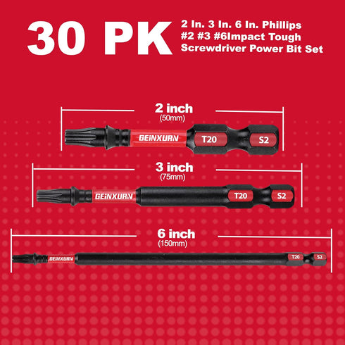 Impact Tough #2 Phillips Mixed Driver Bits, 30 Pack, 2/3/6 in. D2 Steel Long Extension, 1/4 Inch Hex Shank