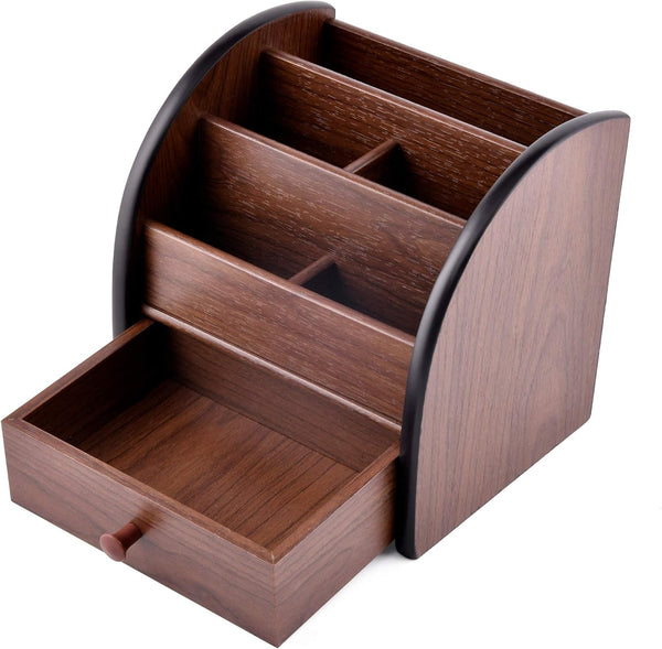 Wooden Desk Organizer with Drawer, Multifunctional Storage for Remote Control, Office Supplies