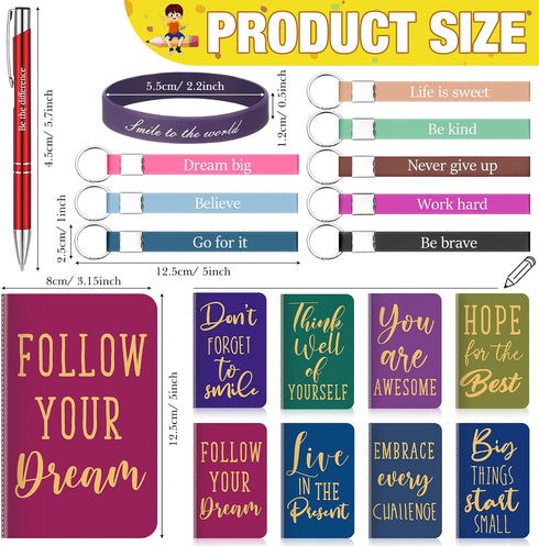 PerKoop 64 Pcs Inspirational Gifts, Motivational Notebooks, Ballpoint Pens, Positive Wristbands for Teachers