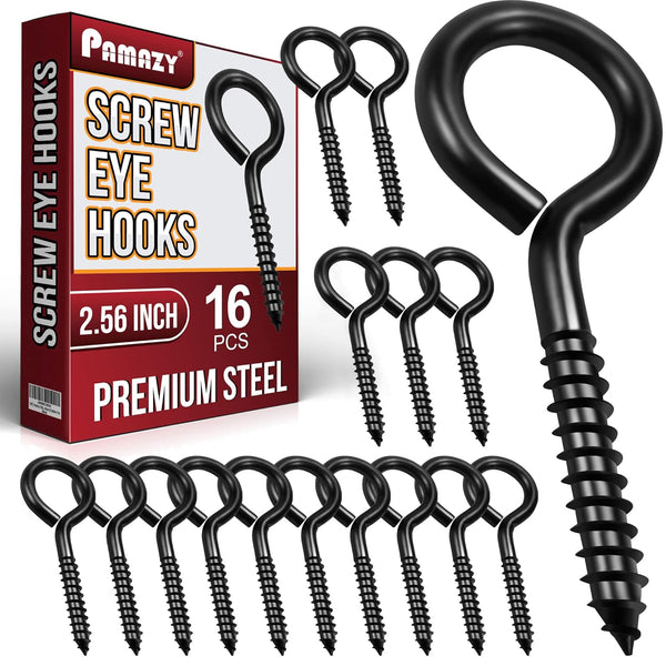 16pcs Screw Eyes, 2.56 Inch Black Eye Hooks Screw Self Tapping Eye for Heavy Duty Use in Indoor & Outdoor