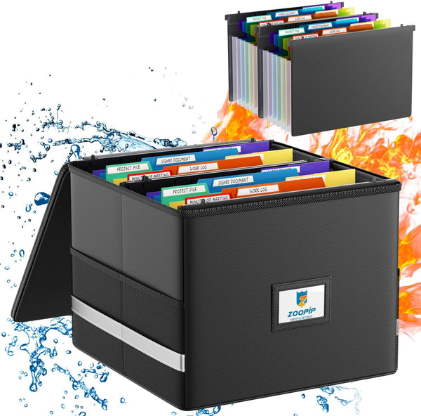 Fireproof File Box with Accordion Pockets, Hanging File Organizer for Letter Size (Folders + Box - 13.8" x 12.2" x 9.8")