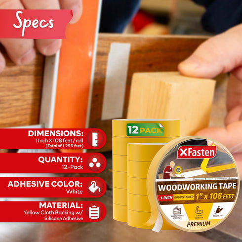 XFasten 1 inch x 36 Yards Double Sided Woodworking Tape, 12-Pack, Heavy Duty for Router Templates