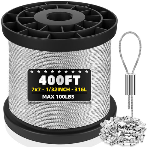 316 Stainless Steel Cable, 400FT 1/32IN Wire Rope with 100Pcs Aluminum Sleeves