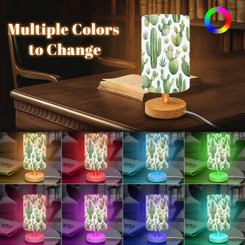 BVCAHSAW Seamless Set Dimmable Bedside Table Lamp Watercolor Hand Exotic Cactus Tropic Succulents Desk Lamp with Flaxen