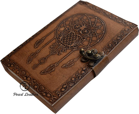 Blank Book of Shadows Journal with Dream Catcher and Owl, Leather Witchcraft Grimoire Sketchbook, 7x5