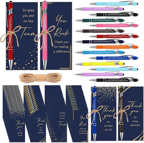 Qilery Employee Appreciation Pens, Black Ink Metal Inspirational Ballpoint with Stylus Tip, 48 Set with Thank You Cards