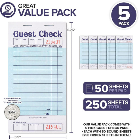 (5 Pack) 250 Stock Your Home Blue Guest Check Books for Servers Server Note Pads, Waiter Checkbook, Food Receipt Book