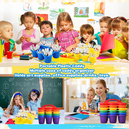 6 Pack 6 Haundry Classroom Caddy Storage Basket with Handle, Plastic Drink Cup Caddy Holder, Compartments for Kids