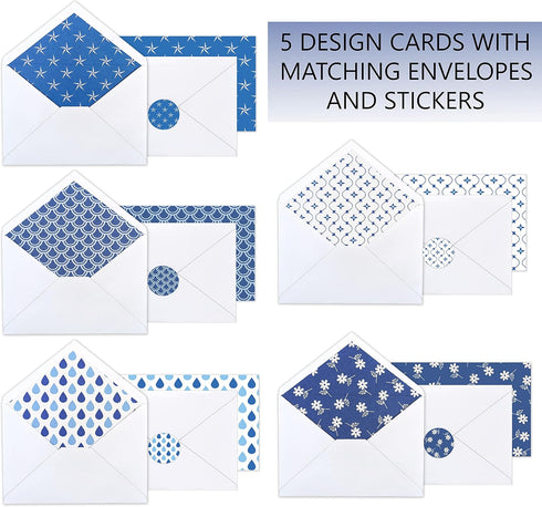 T&M Quality Designs LLC 100 5 Set, 4 6 Inch All Occasion Assorted Blank Cards Blue Pattern Designs Stationery