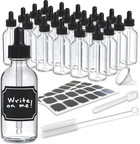 Nevlers 24 PK Clear Glass Dropper Bottle 2oz, Essential Oil Dropper Bottle with Droppers, Funnel, Brush, & Labels