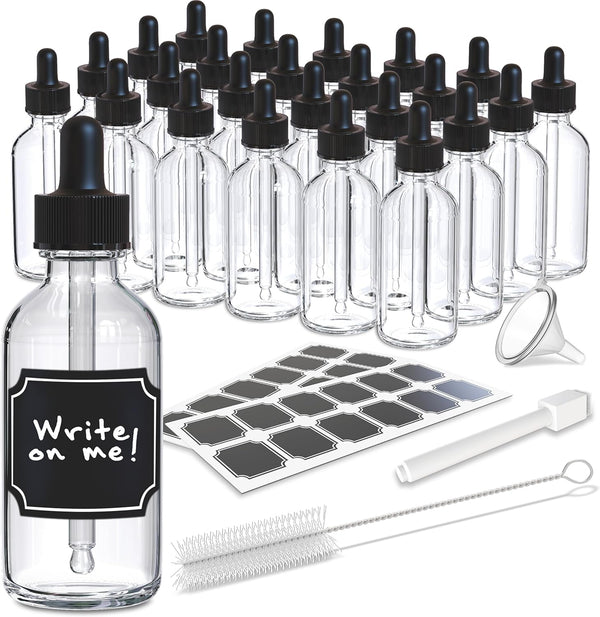 Nevlers 24 PK Clear Glass Dropper Bottle 2oz, Essential Oil Dropper Bottle with Droppers, Funnel, Brush, & Labels